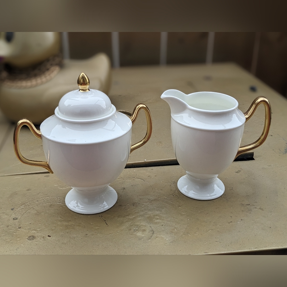 Elegant Vintage Coalport White and Gold Ceramic Creamer and Sugar Set